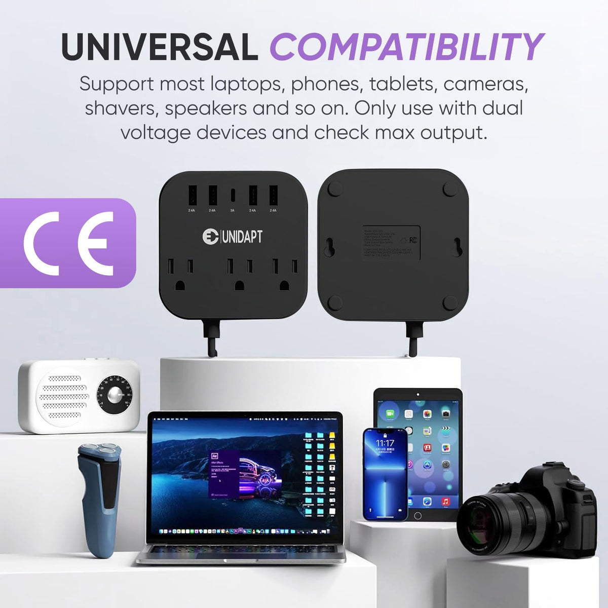 Unidapt three AC outlets and 5ft cord; flexible placement at hotel or office.