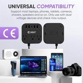 Unidapt three AC outlets and 5ft cord; flexible placement at hotel or office.