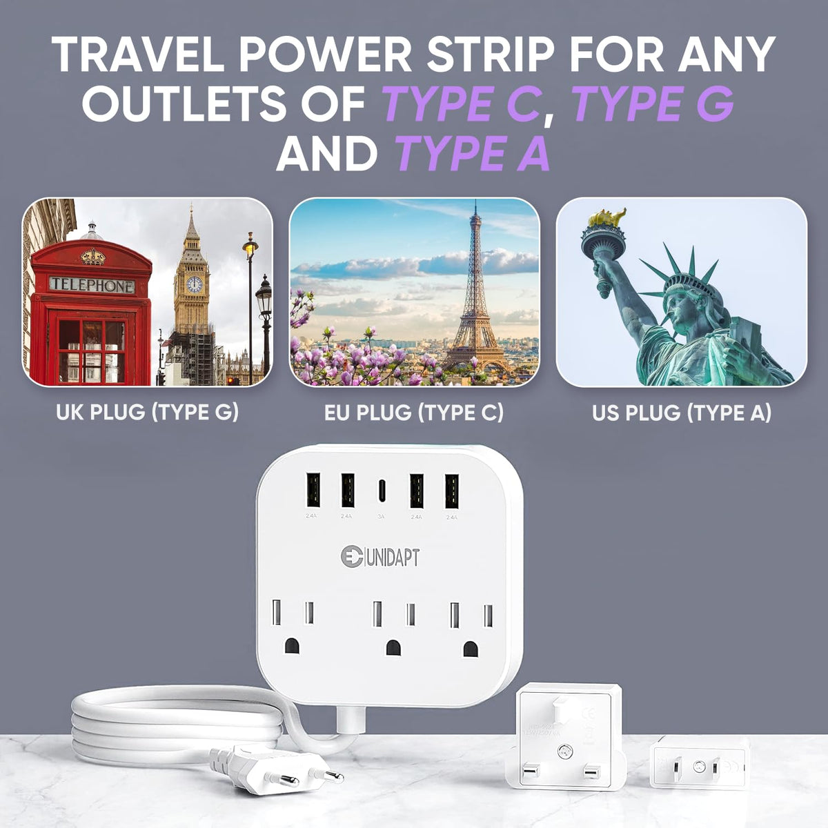 Unidapt travel friendly adapter in use on a hotel desk