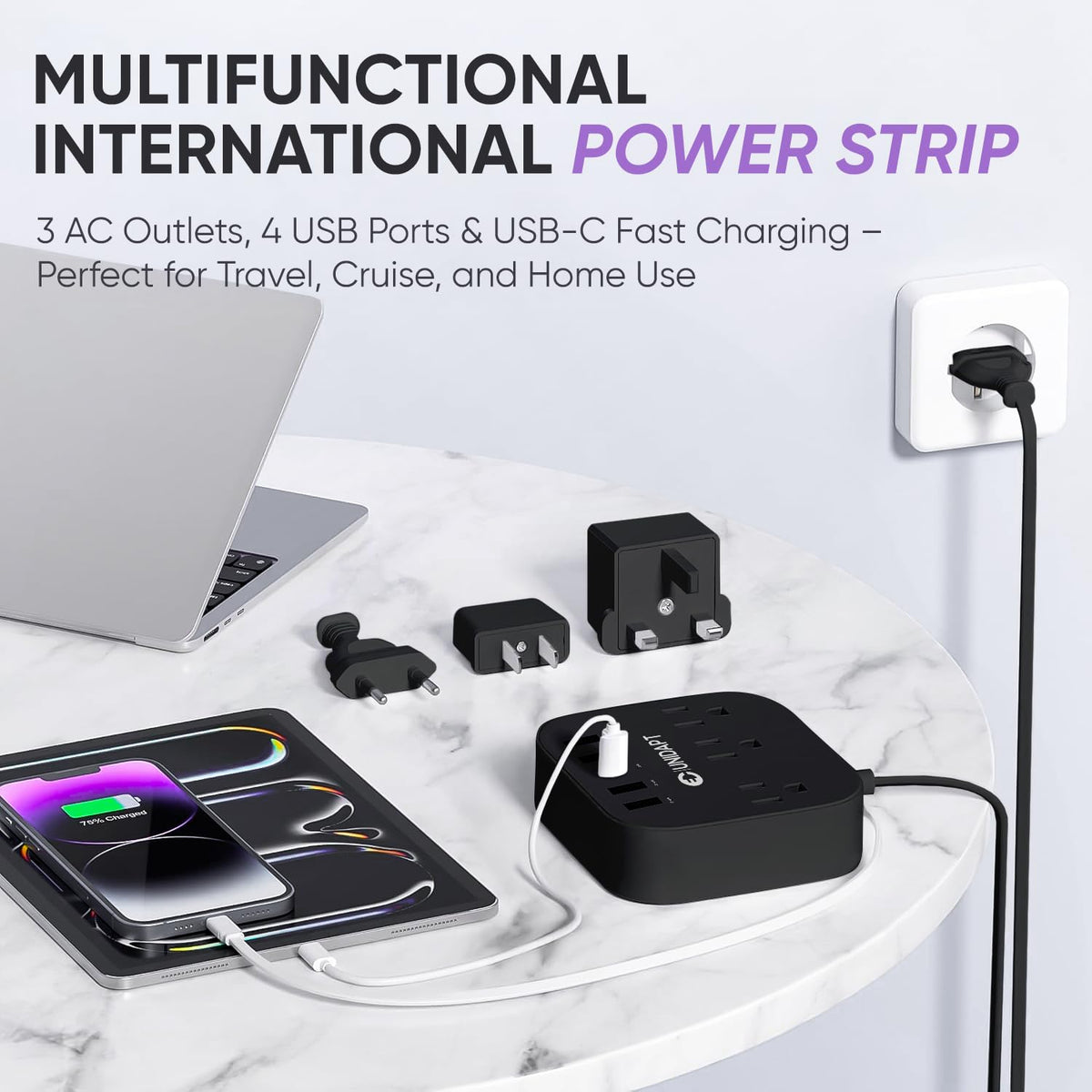 Unidapt US-UK-EU power strip in use; supports simultaneous device charging.