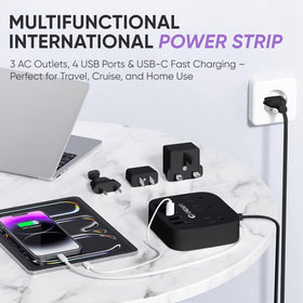 Unidapt US-UK-EU power strip in use; supports simultaneous device charging.