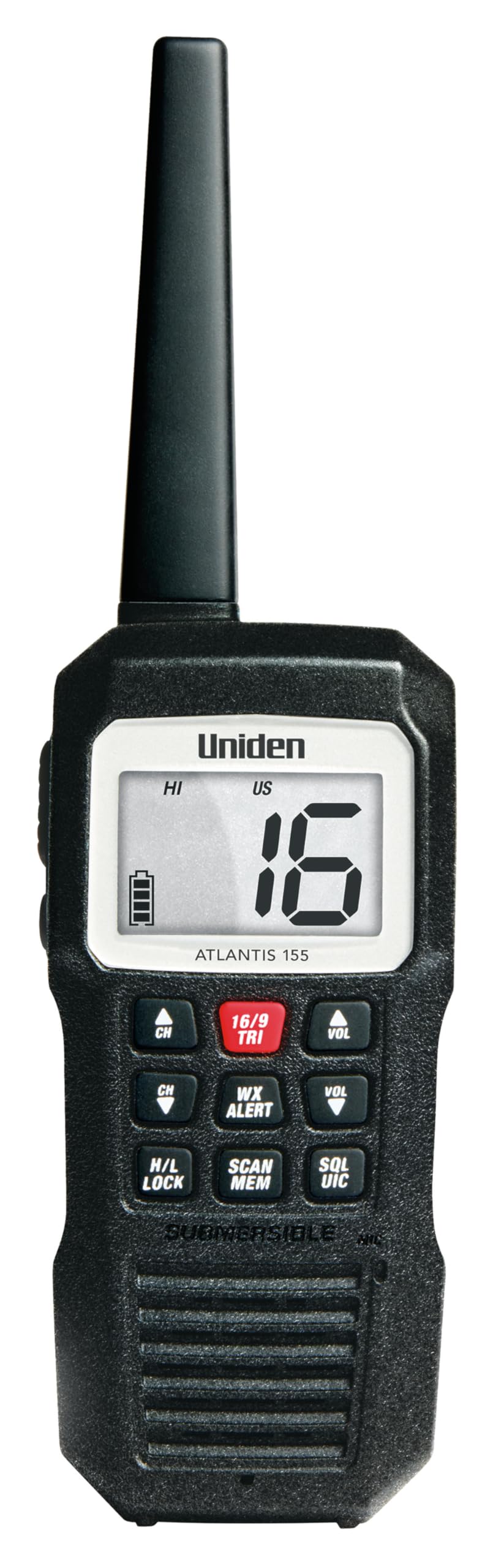 Uniden Atlantis 155 floating handheld radio on water, keeps you connected during boating.