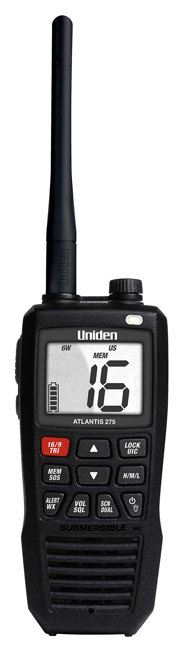 Uniden Atlantis 275 shows 6W transmit power for clear on-water calls.