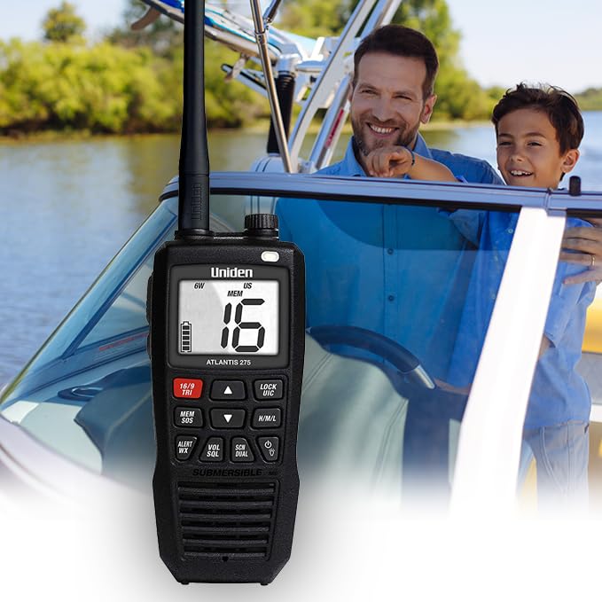 Uniden Atlantis 275 built-in flashlight illuminates the deck at night.