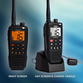 Uniden Atlantis 275 emergency strobe light enhances visibility in low light conditions.