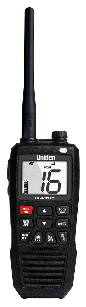 Uniden Atlantis 275 floats for quick retrieval on deck during boating.