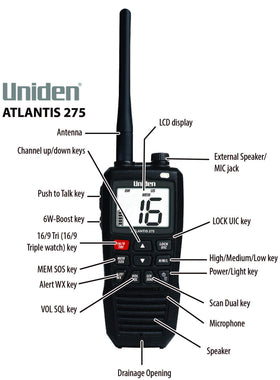 Uniden Atlantis 275 marine channels across USA, Canada, and international waters.