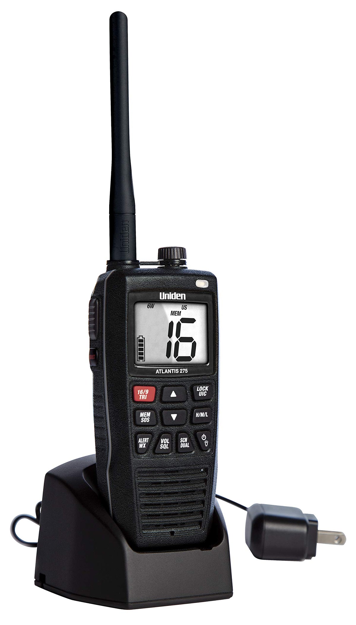 Uniden Atlantis 275 provides NOAA weather alerts to keep you informed on the water.