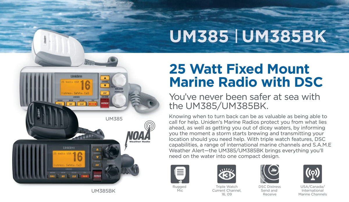 Uniden UM385 triple watch enables continuous channel monitoring.