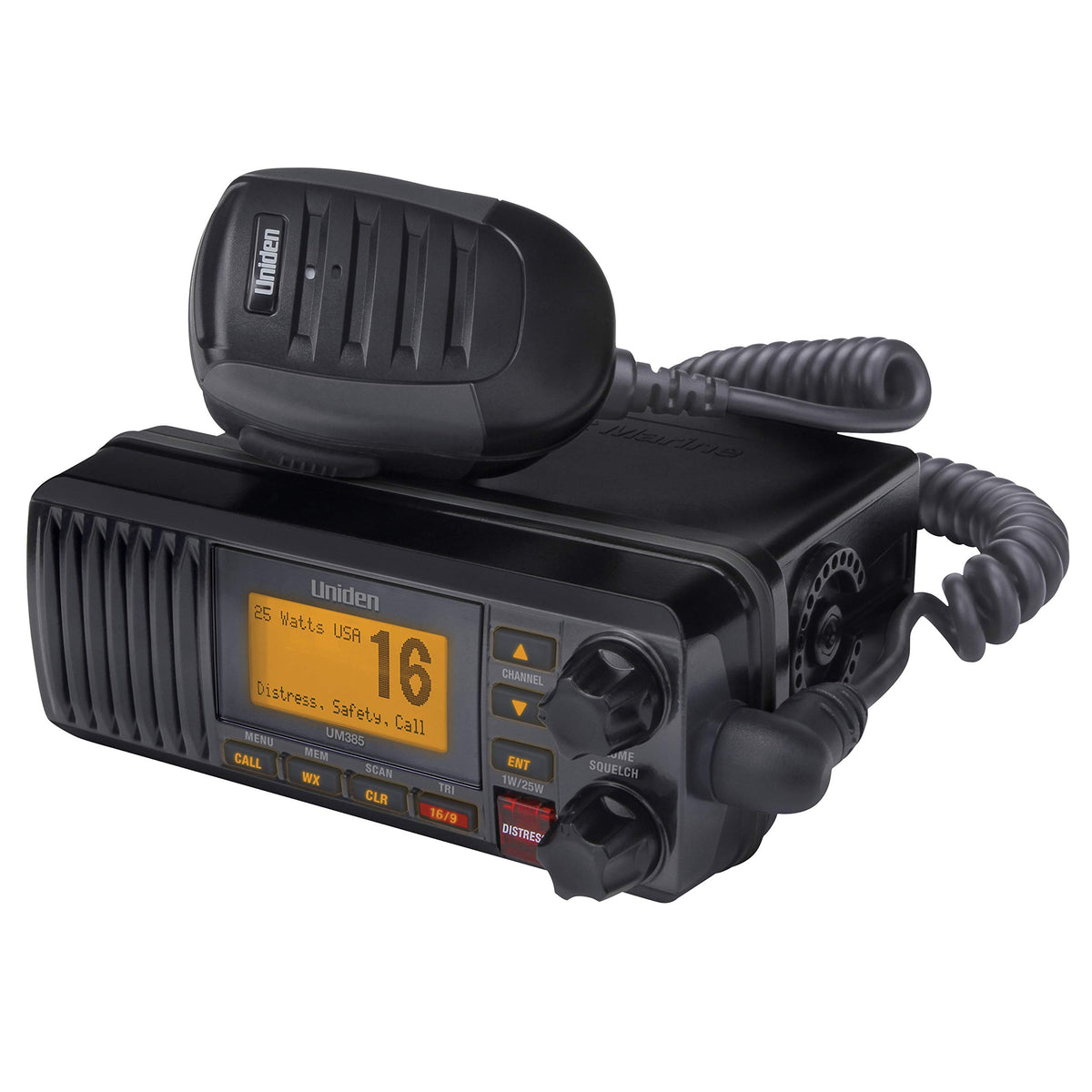 Uniden UM385BK front panel with backlit display for easy navigation at sea.