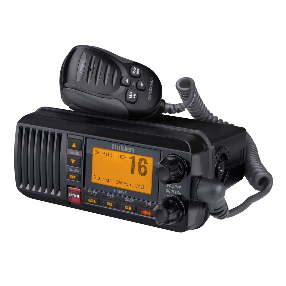 Uniden UM435BK fixed-mount radio front panel for sea navigation