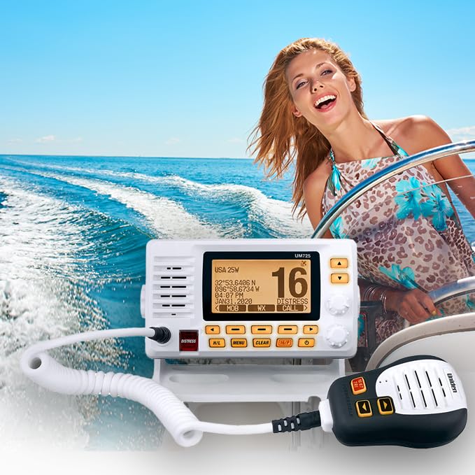 Uniden UM725 shows NOAA weather alerts for marine planning.