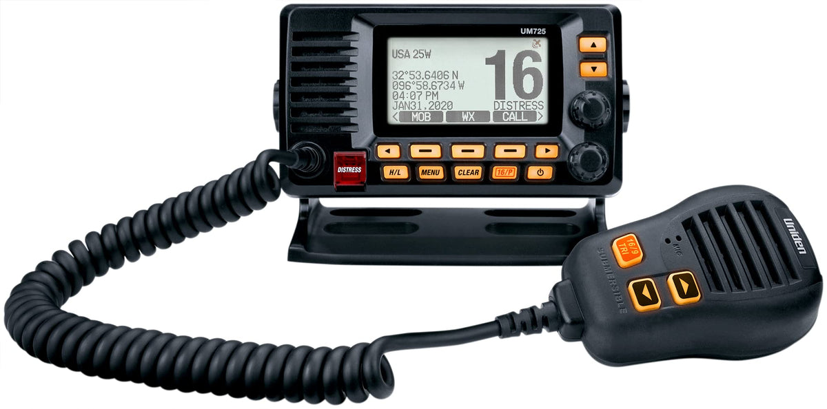 Uniden UM725BK with large LCD screen for easy navigation at sea