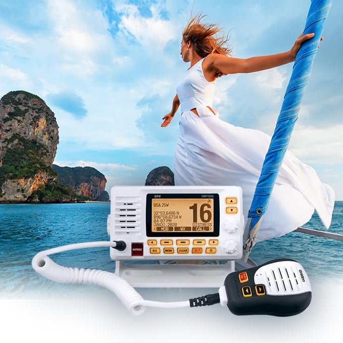Uniden UM725G IPX8 waterproof housing indicating submersible durability.
