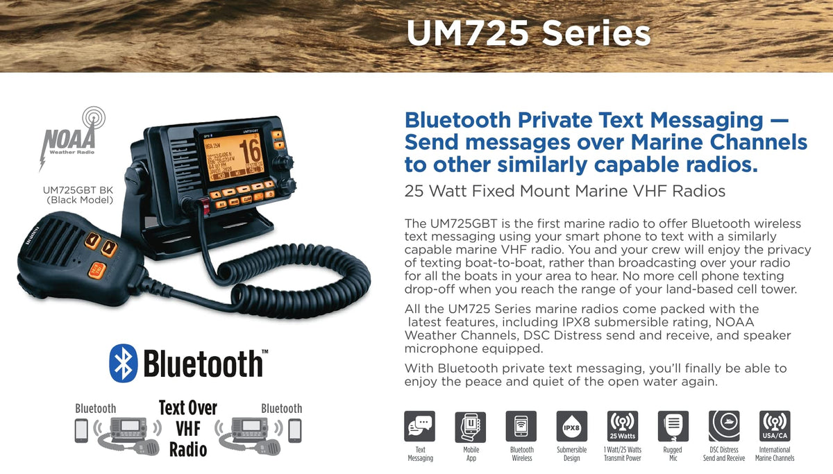 Uniden UM725GBTBK IPX8 waterproof rating protects against spray and rain