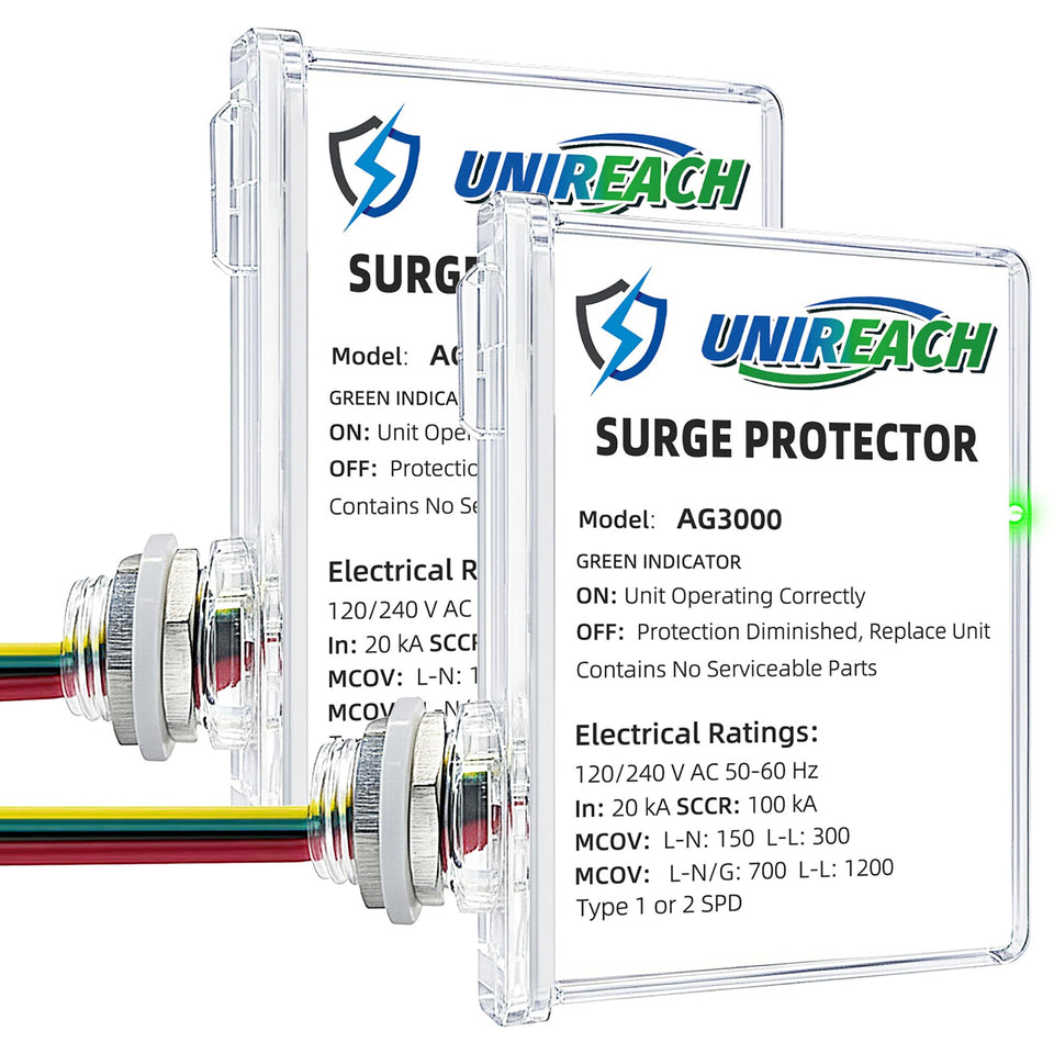 UNIREACH AG3000 front view showing whole-house surge protection for appliances