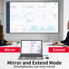 Unitek connected to laptop showing wireless mirroring to a large monitor for presentations