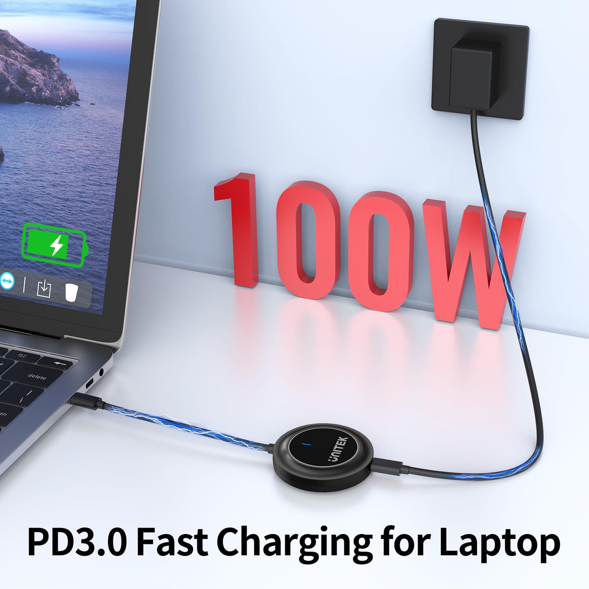 Unitek close view of USB‑C and PD3.0 ports highlighting fast charging capability