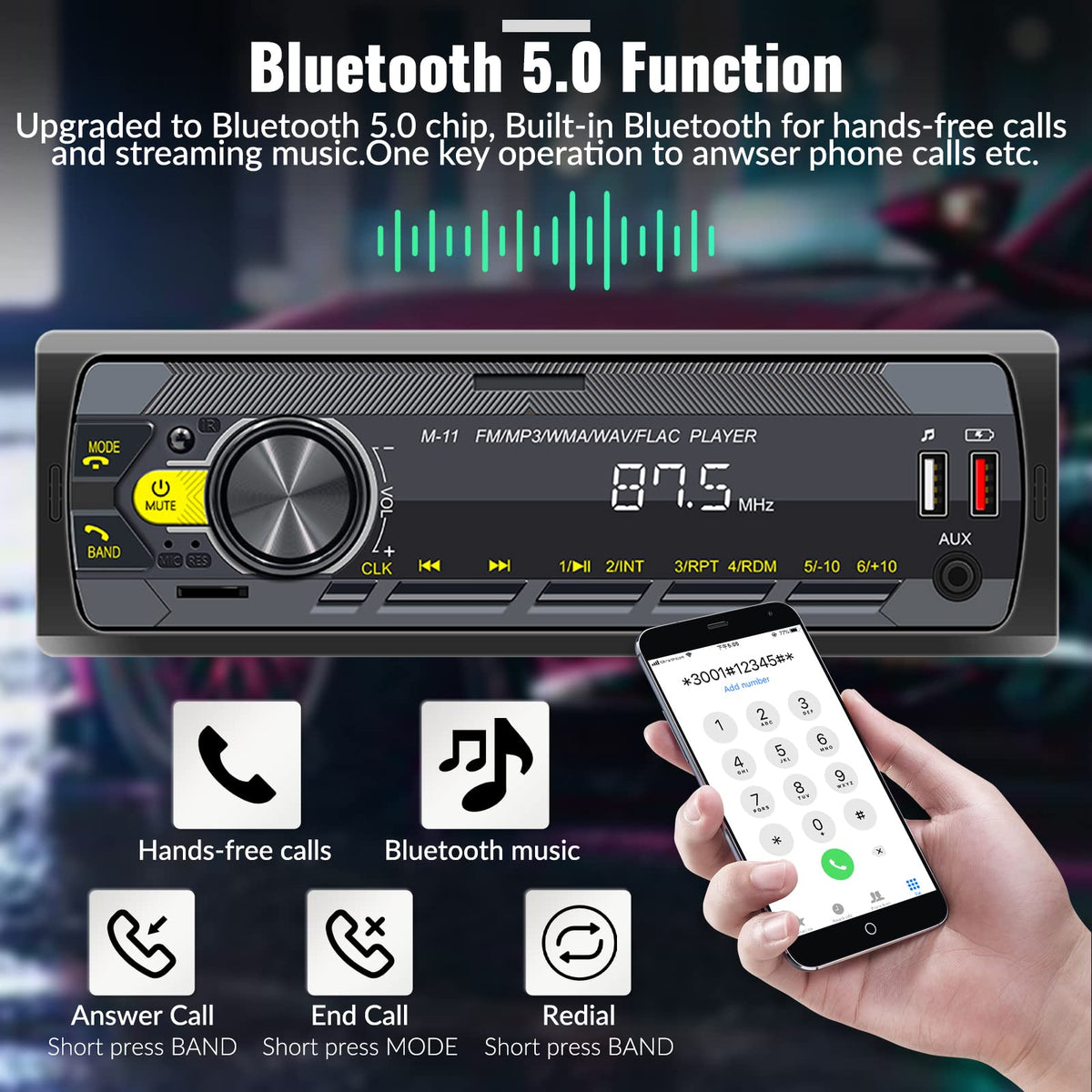 UNITOPSCI Bluetooth 5.0 module enables hands-free calls and wireless music.