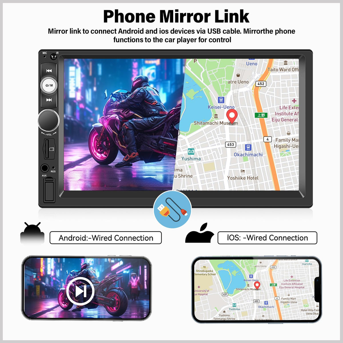 UNITOPSCI mirror link showing phone screen mirrored for easy app access