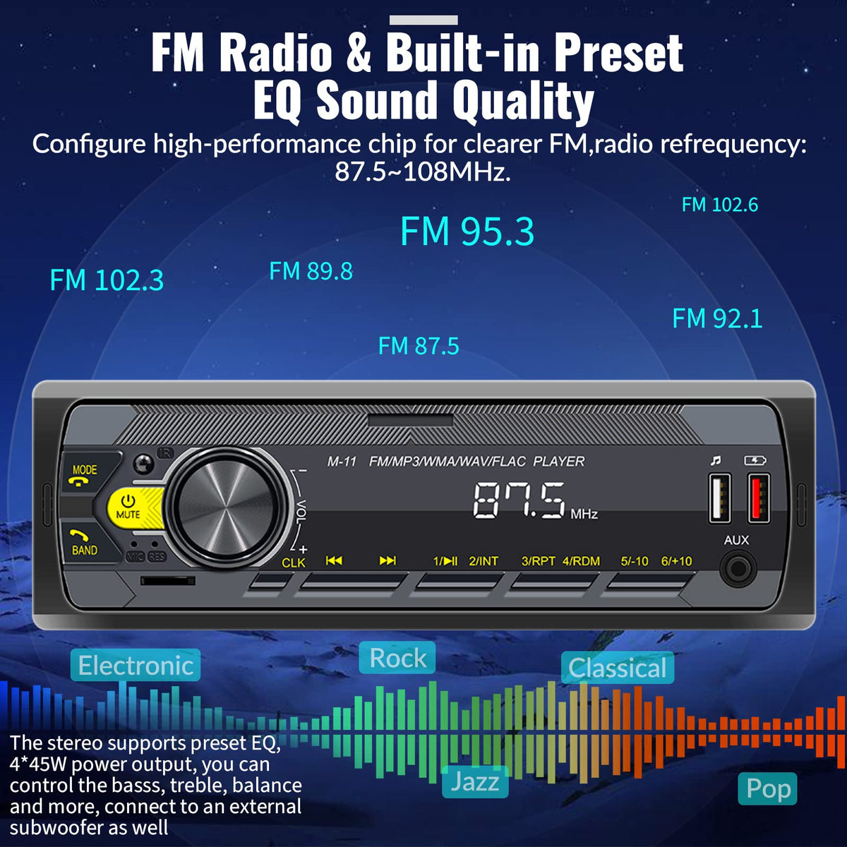UNITOPSCI USB/TF playback supports MP3, WMA, WAV, and FLAC files.