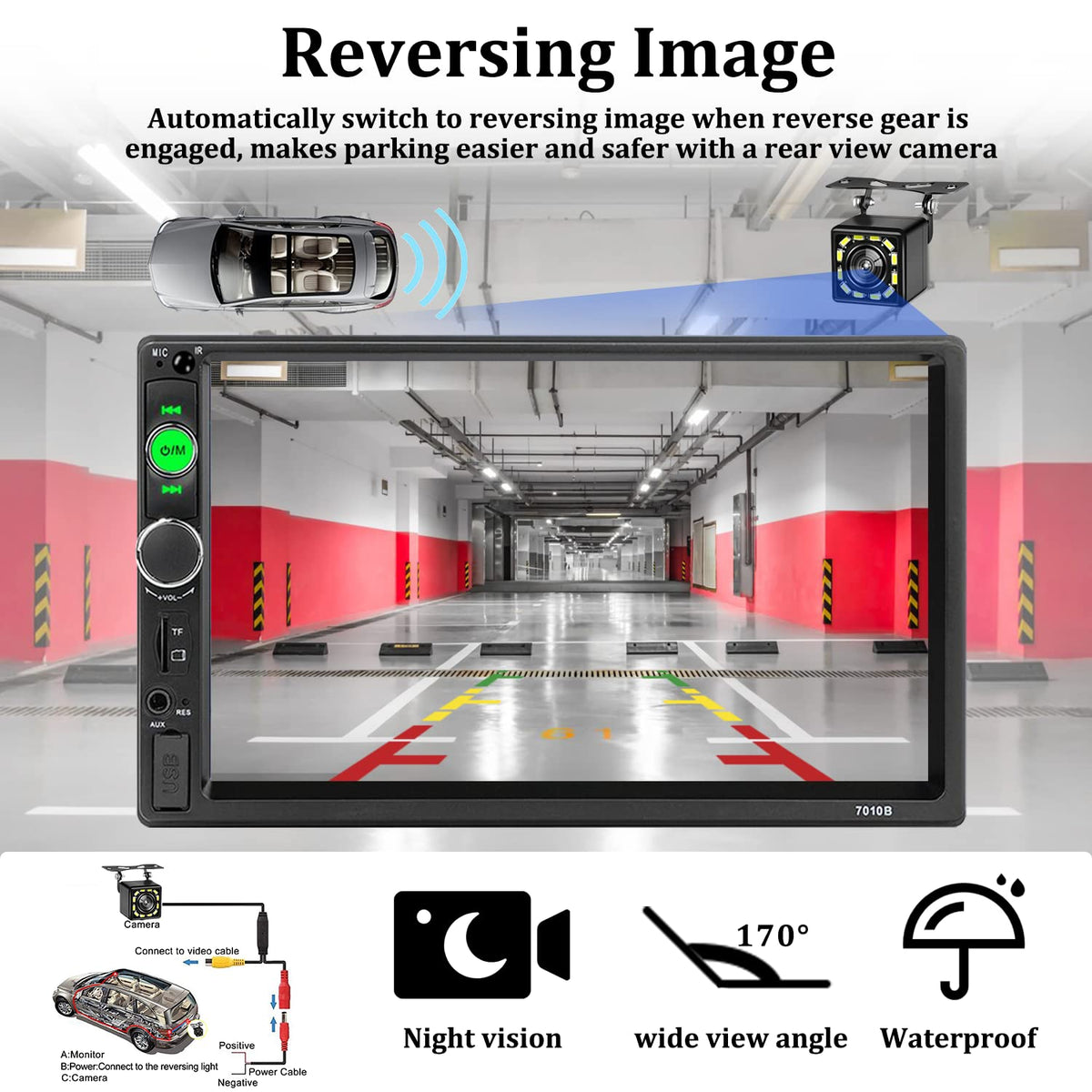 UNITOPSCI with backup camera displaying parking image and improved rear visibility