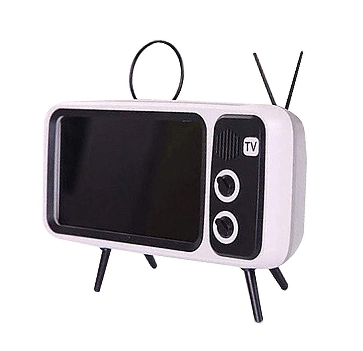 UnnFiko retro TV-style stand on desk with integrated Bluetooth speaker.