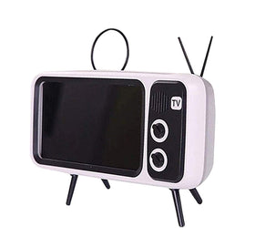 UnnFiko retro TV-style stand on desk with integrated Bluetooth speaker.