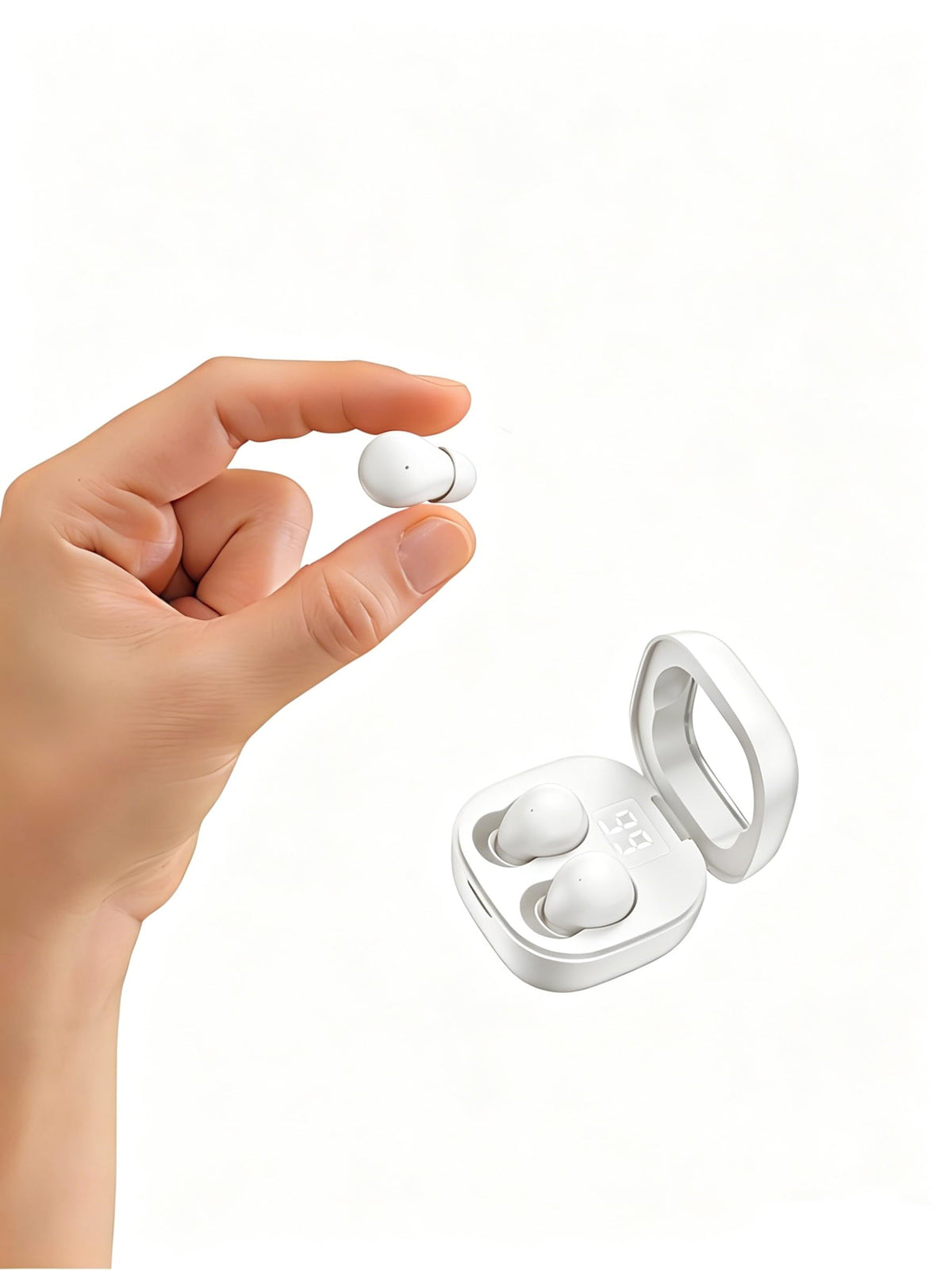 Unremittingly ultra-small earphones front view showing discreet wear