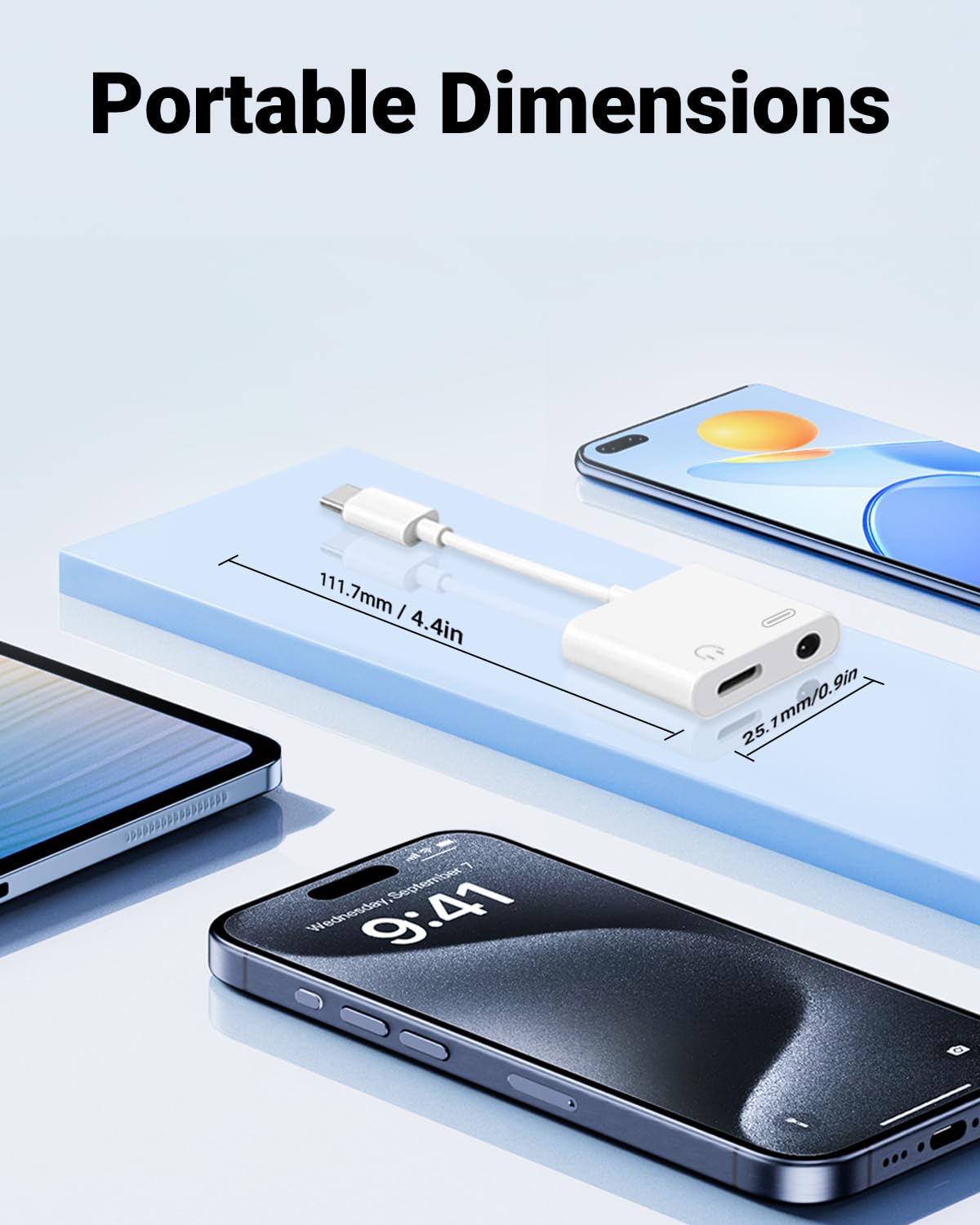 Compatibility with MacBook, iPad, and Android devices shown for easy pairing.