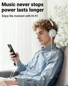 Untvie adapter in use delivering audio and charging simultaneously for seamless sessions.