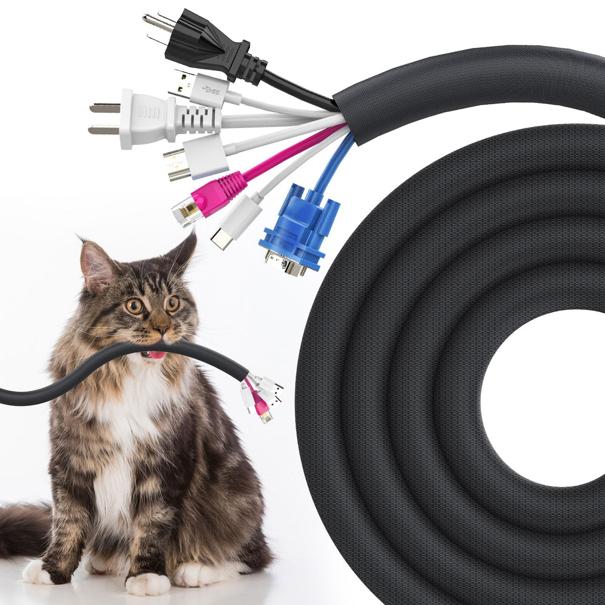 UOMTFAI cord protector 10ft in black protects cables from pets and keeps them organized.