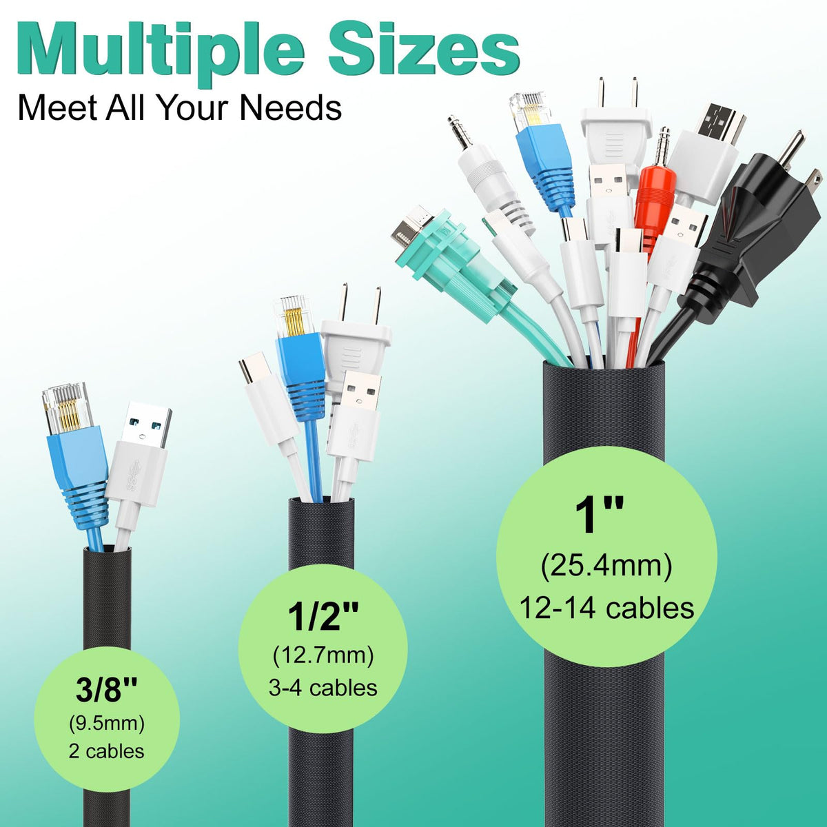 Versatile UOMTFAI cord protector holds 1 to 14 cords for various setups.