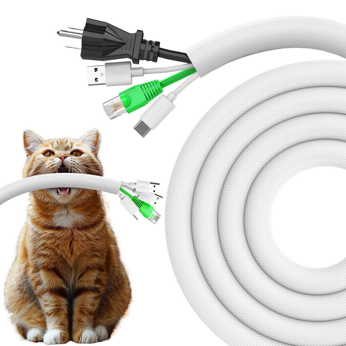 UOMTFAI cord protector 25ft white protects cables from pets while keeping them organized.