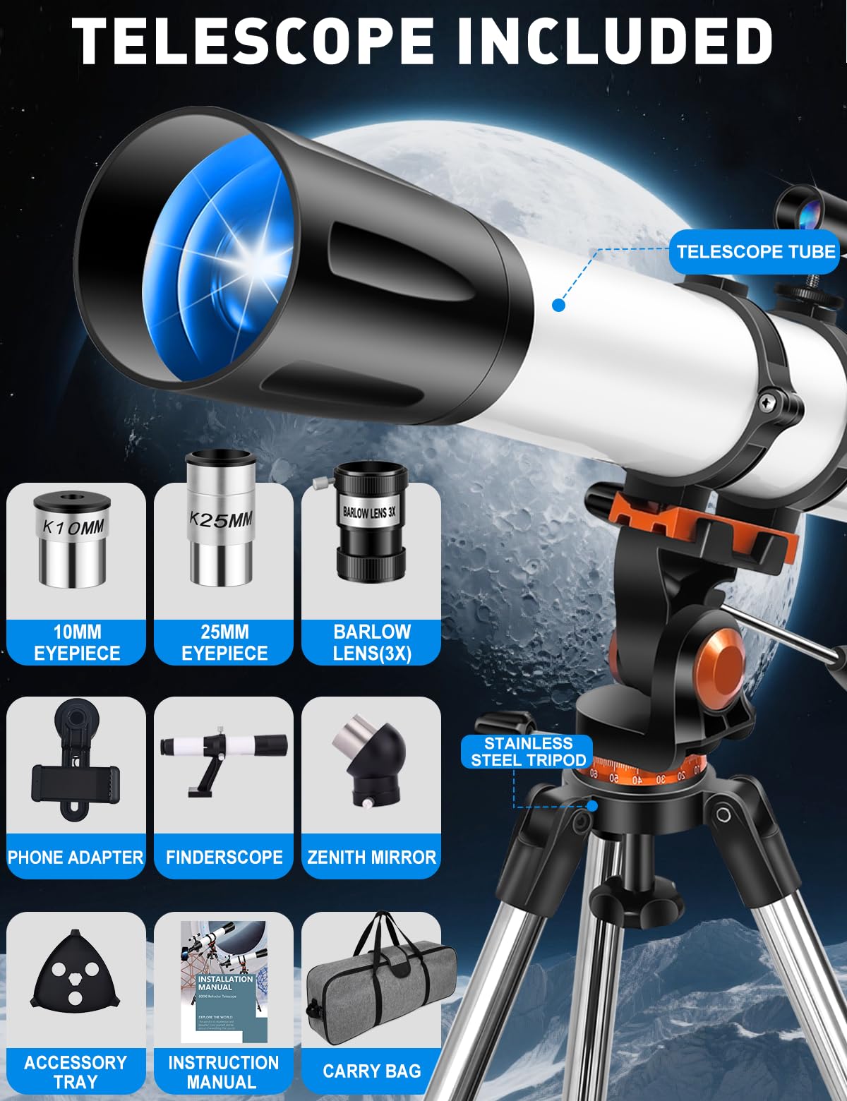 Uonol 5x24 finderscope helps locate objects quickly.