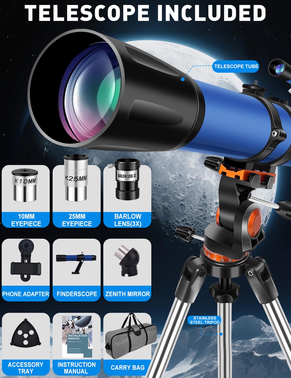 Uonol 5x24 finder scope helps locate objects quickly in the night sky.