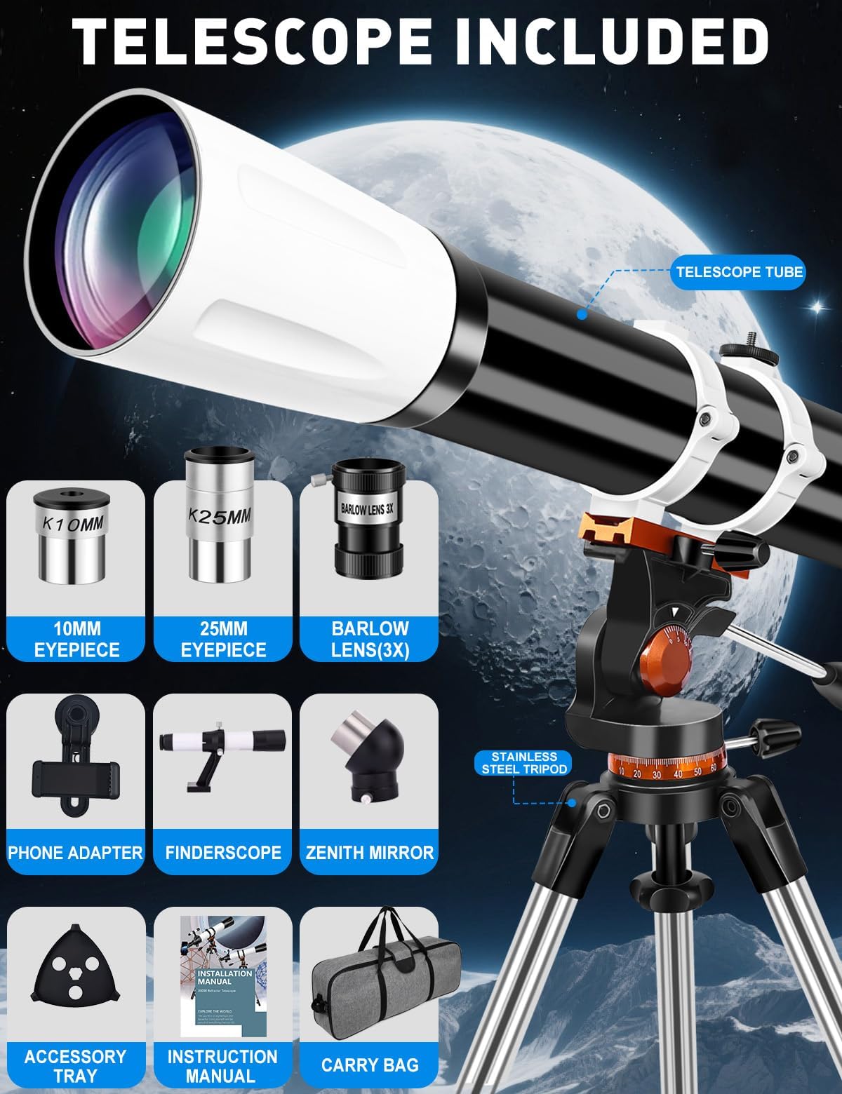 Uonol telescope 10mm eyepiece provides higher magnification for fine details.