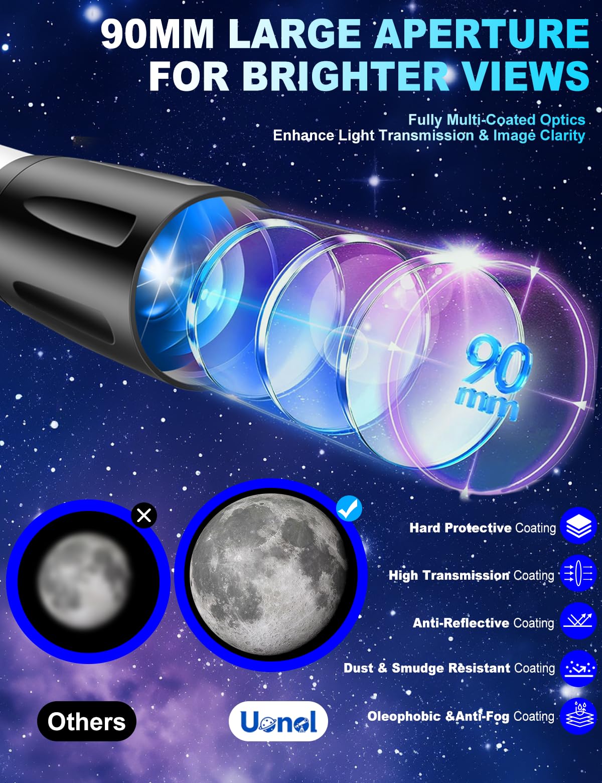 Uonol telescope 32X-240X magnification supports versatile celestial observing.