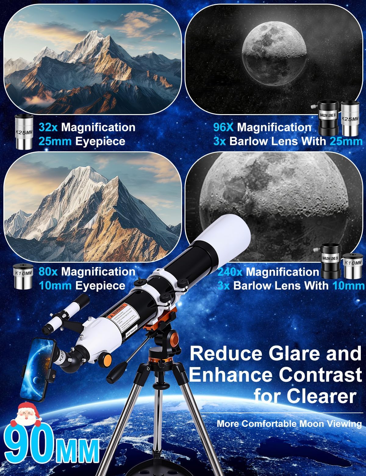 Uonol telescope 3x Barlow lens multiplies magnification for closer inspection.
