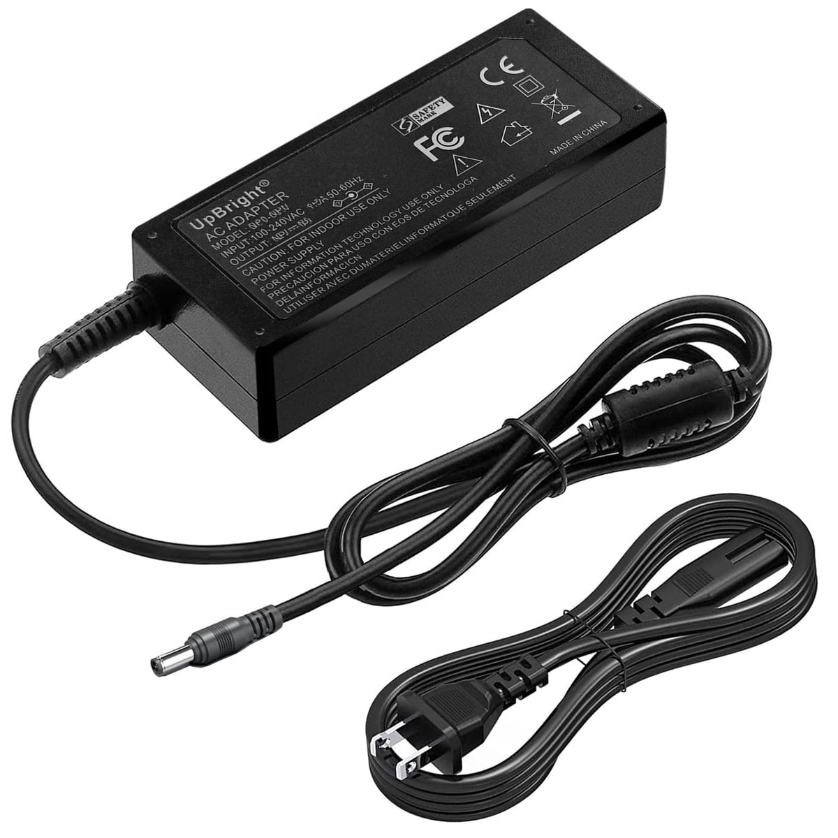 UPBRIGHT 19V AC/DC adapter front view, ready for quick setup.