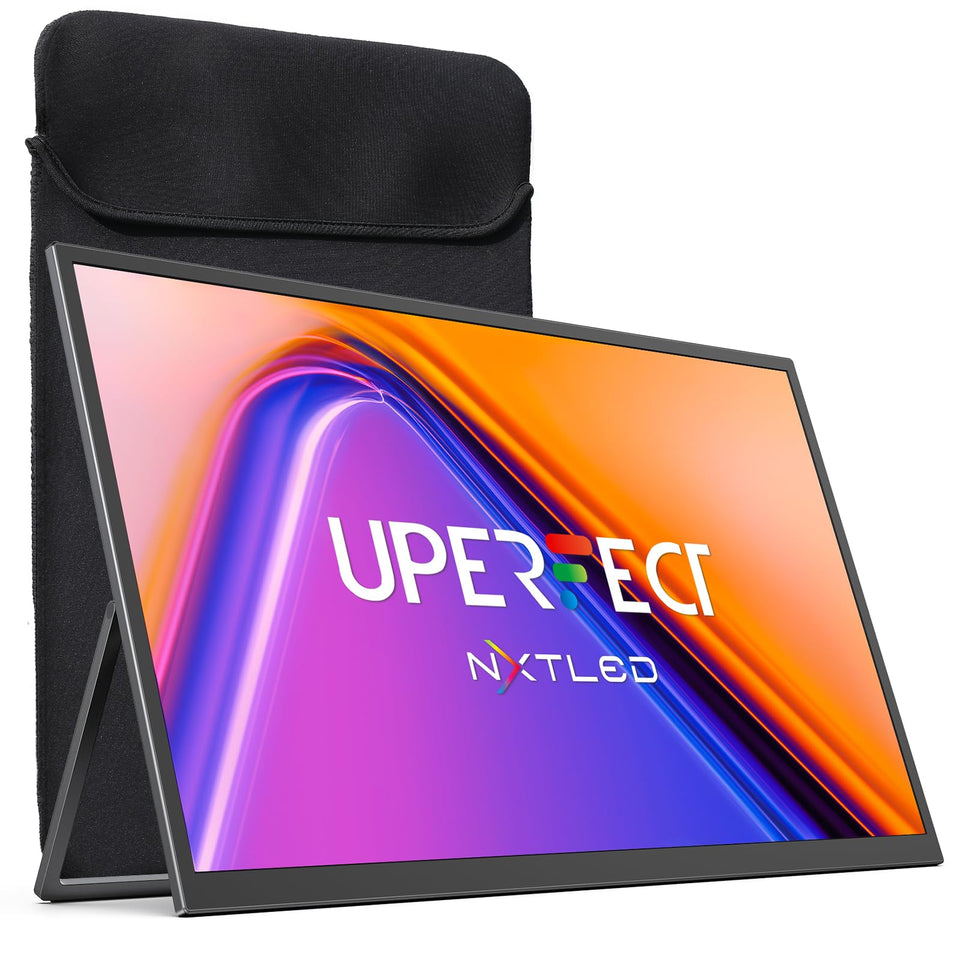 UPERFECT 18.5-inch NxtLED monitor with built-in stand for easy travel setups.