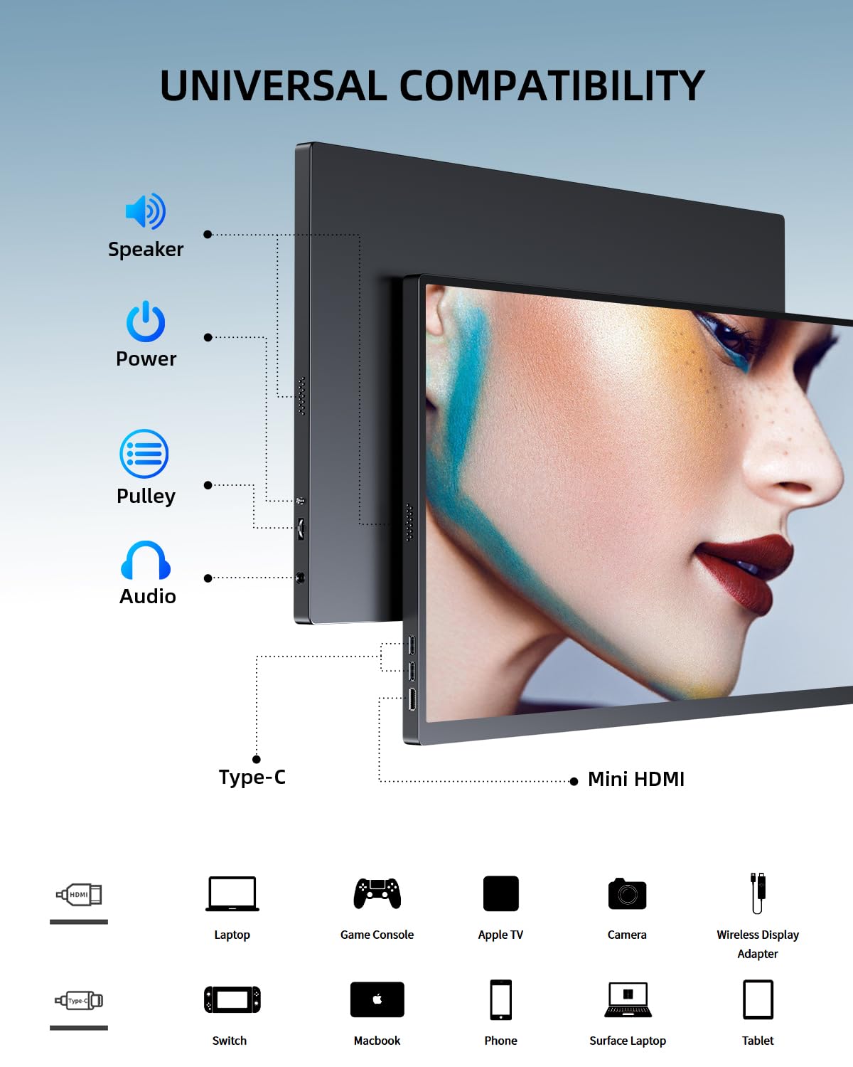 UPERFECT 18.5-inch portable monitor multi-device connectivity connects laptop and consoles