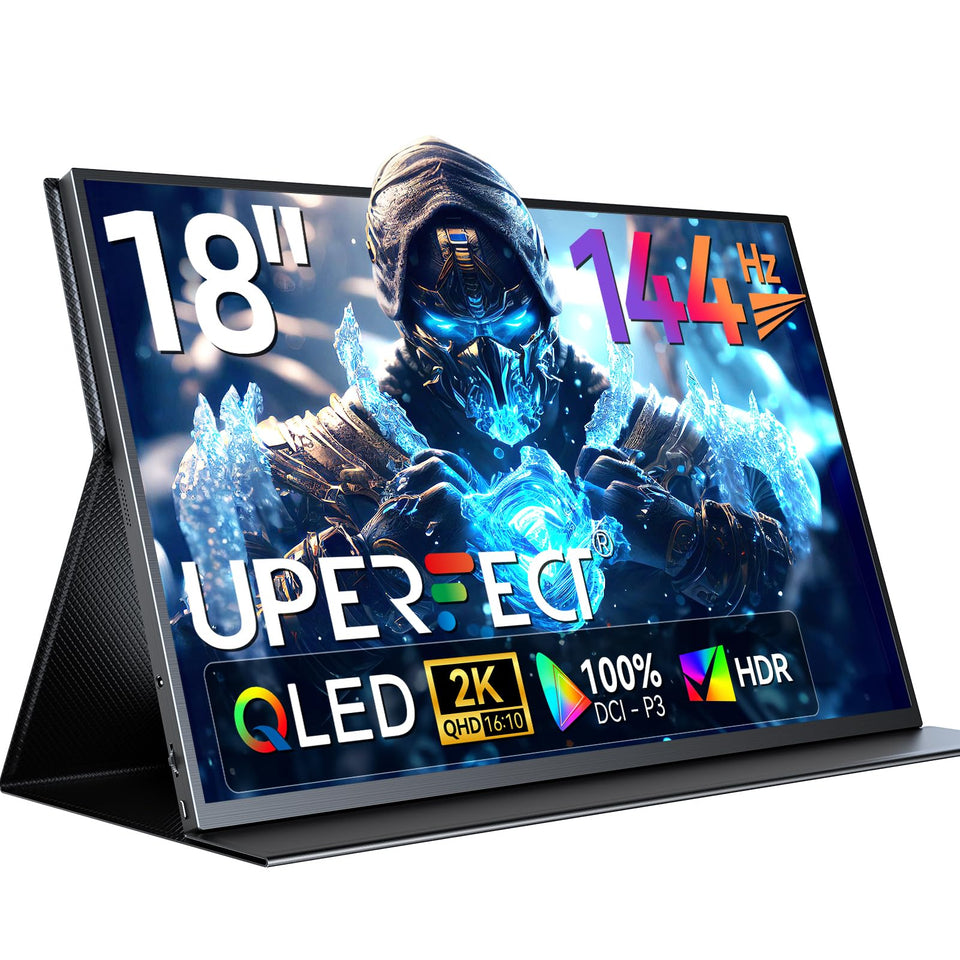 UPERFECT 18-inch QLED portable monitor front view highlights vibrant 2K display for gaming and work