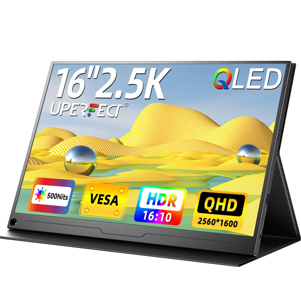 UPERFECT 2.5K QLED portable monitor front view with vibrant colors for on-the-go work.
