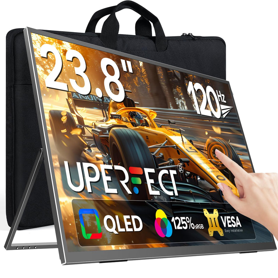 UPERFECT 24inch QLED monitor front view, vibrant color, portable for on-the-go work.
