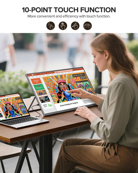 UPERFECT 24inch QLED monitor side view highlights slim profile for travel setup.