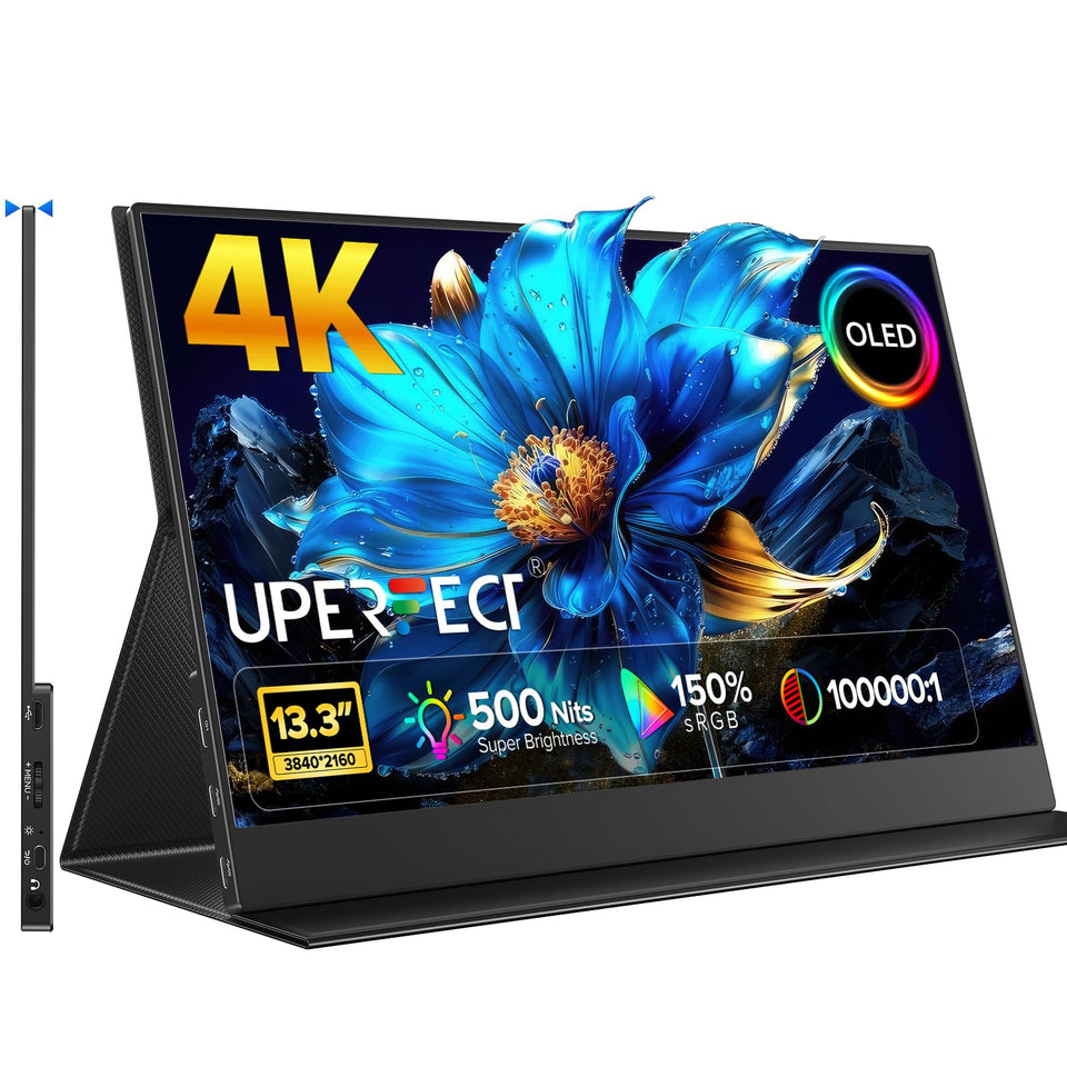 UPERFECT 4K OLED portable monitor front view, ideal for travel and on-the-go editing