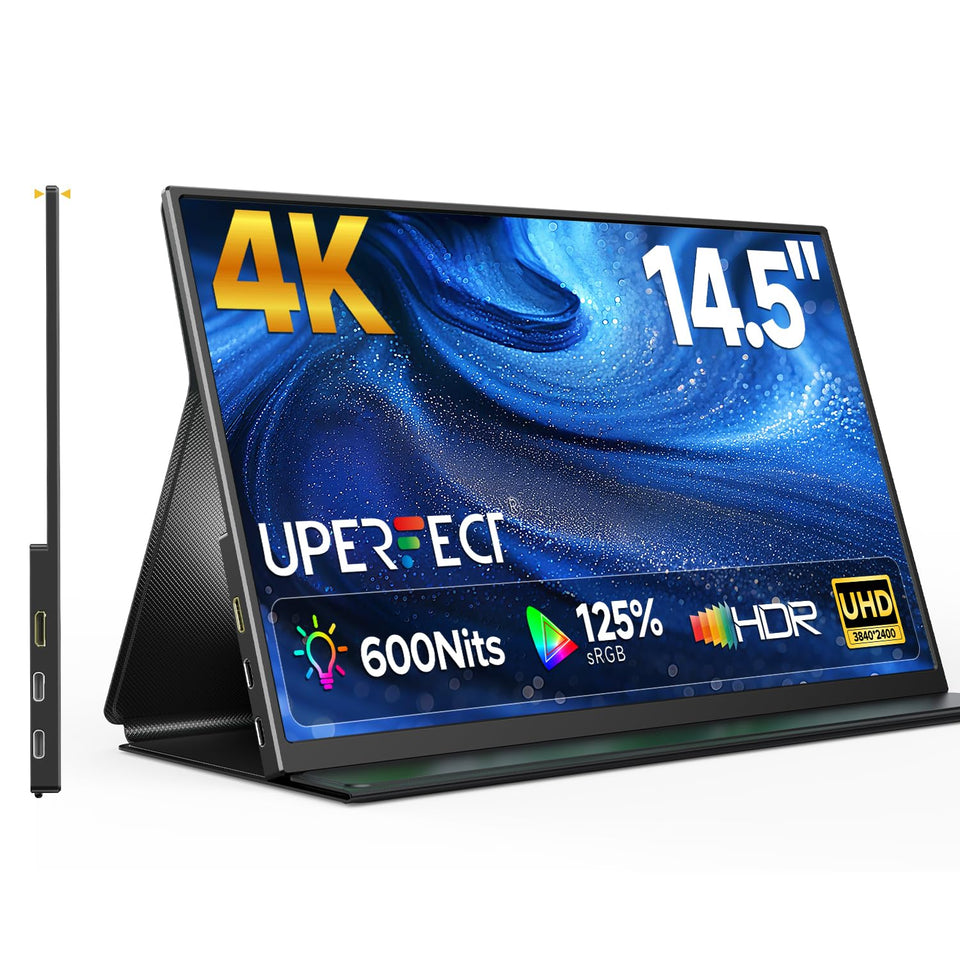 UPERFECT 4K portable monitor front view with slim metal frame, ideal for travel setups