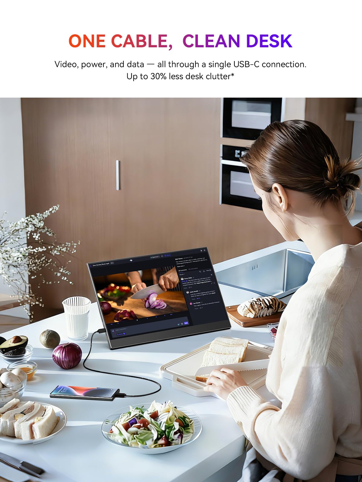 UPERFECT adjustable stand with 0–70° tilt for comfortable viewing