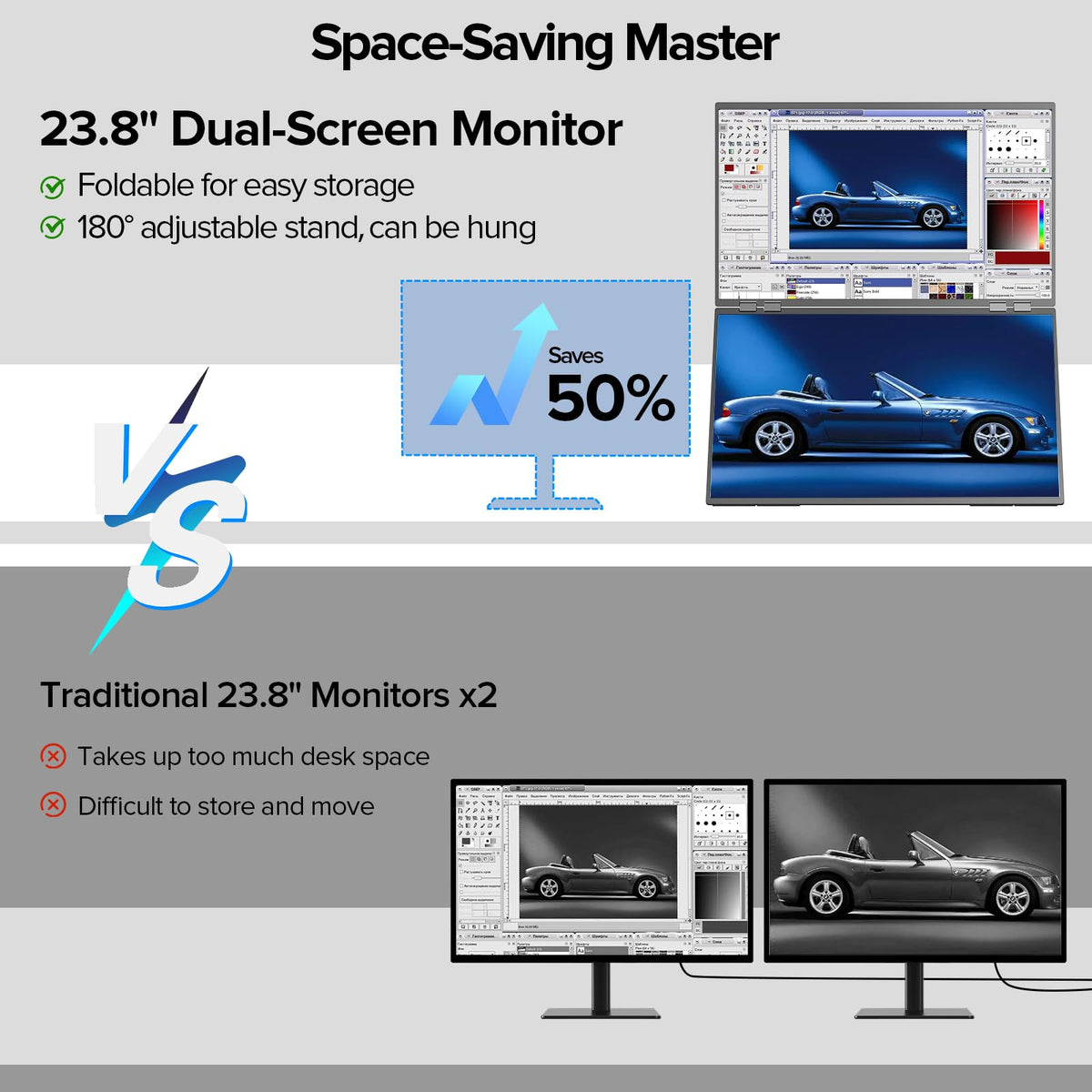 UPERFECT Delta 23.8 dual-screen setup with laptop enables efficient multitasking.